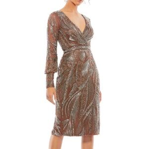 Mac Duggal Mocha Sheath Dress with Plunge Neckline and Bishop Sleeves